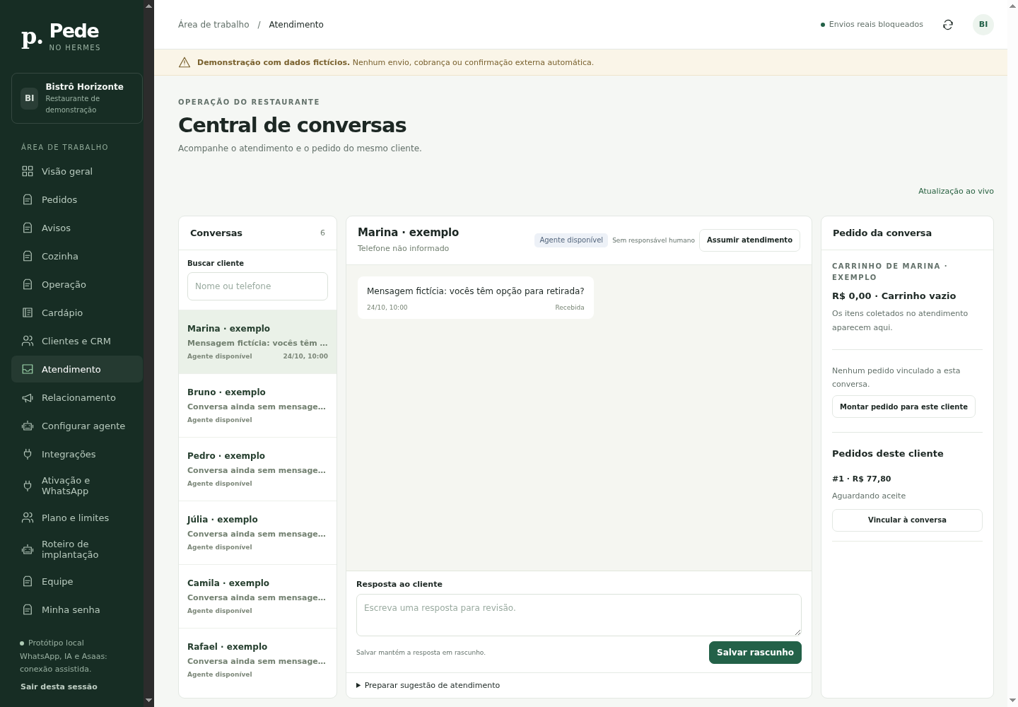 Demonstração da interface de atendimento, com uma mensagem de exemplo e a resposta do assistente virtual.